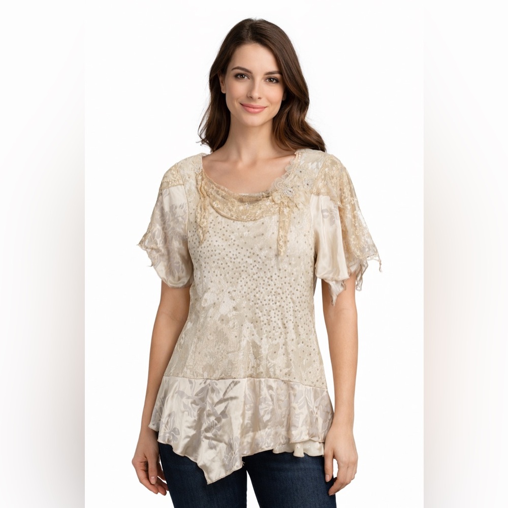 Spencer Alexis Petites Shirt Womens Petite 8 Gold‎ Lace Beaded Dressy Blouse